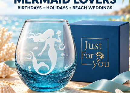 19 oz Printed Mermaid Stemless Wine Glass, Teal Crackle Base, Ocean Crystal