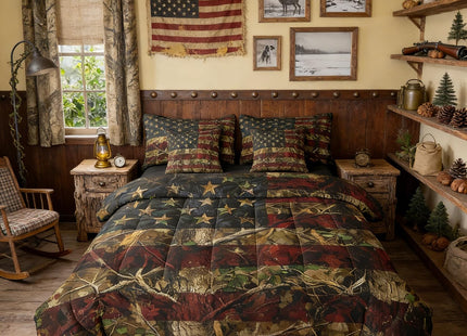 Erosebridal American Flag Bed in A Bag Rustic Woodland Camo Bedding Set Tree Camouflage Hunting Twin Comforter Set with Sheets 7 Piece for Boys Teen Men,Farmhouse Cabin Lodge Bed Set