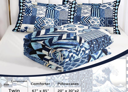 AILONEN Blue Nautical Patchwork Twin Bedding Set 3 Piece, 1 Comforter + 2 Pillowcases, Indigo Waves Sailboat Blocks for Dorm Loft Single Bed Youth Decor