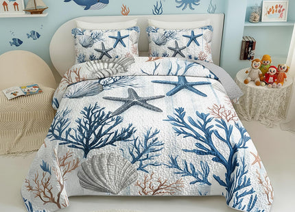QOOMO Coastal Quilt Set Full/Queen,Starfish Coral Bedspread Coverlet Set