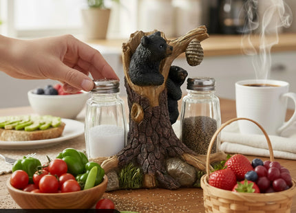 Pine Ridge Bear Salt And Pepper Shaker - Two Glass Shakers, Bear In Tree Holder Caddy For Spices And Seasonings, For Kitchen, Dining Or Table Décor