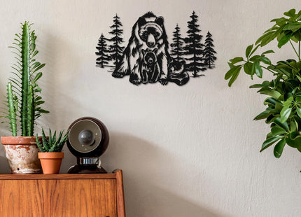 Slickss Bear Metal Wall Art, Mother Cubs Forest Cabin Decor