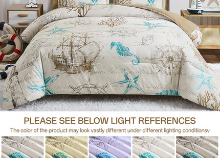 Comforter Set King Size Coastal, Beach Themed Comforters,7 Pieces Ocean Starfish Bed in a Bag Nautical Bedding with Sheets for Spring Summer