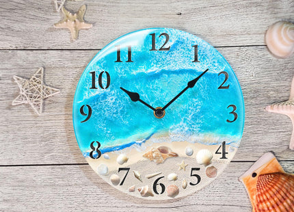 Coastal Beach Wall Clock 8in Blue Seashell Battery Silent Bathroom Decor