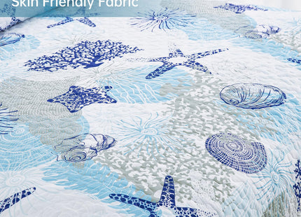 Dinjoy Nautical Ocean Quilt Set Queen Size, Blue Beach Coastal Themed Bedding Set Lighthouse Anchor Sailboat Pattern Microfiber Lightweight Summer Bedspread Coverlet Bed Set All Season