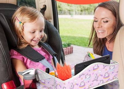 PILLANI Kids Travel Tray for Car - Carseat Tray for Toddler, Road Trip Must Haves with Cup Holder & Drawing Board - Toddler Airplane Travel Essentials for Girls - Car Accessories for Kids