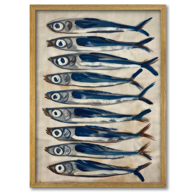 Coastal Sardine Wall Art Framed Nautical Fish Poster Rustic Beach House Wall Decor Kitchen Dining Room Sea Life Painting Vintage Ocean Animal Picture Print (Wood Frame) 12x16Inchs