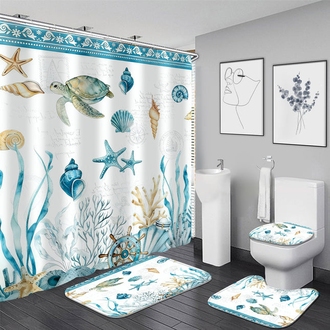 Nkzply 4 Pcs Blue Beach Shower Curtain Set Nautical Sea Turtle Bathroom Sets with Shower Curtain and Rugs Coastal Starfish Coral Bathroom Decor Accessories Shell Conch Shower Curtains for Bathroom