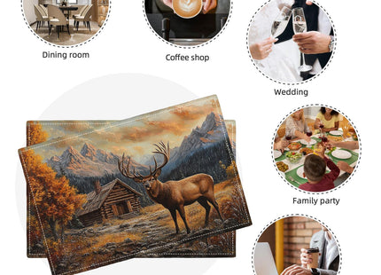 Farmhouse Deer Placemats Set of 6, Country Natural Place Mats, Rustic Forest Lodge Elk Wildlife Dining Table Mats, Washable Placemats for Kitchen Dining Room 18L'' × 12W''