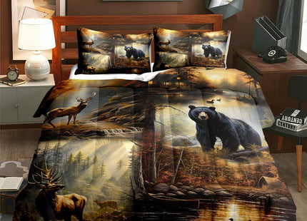 LUVIVIHOME 3PCS Black Bear Deer Comforter Set Queen Size, Elk Moose Mallard Duck Woodland Forest Animal Wildlife Hunting Camo Hunter Country Lodge Rustic Farmhouse Cabin Bedding Sets, 2 Pillow Shams