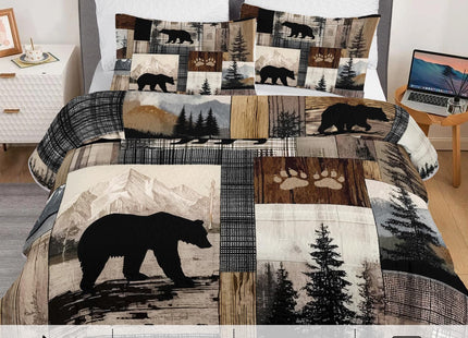 XYNHML Rustic Black Bear Quilts Bedding Twin 3Pcs Wildlife Bear Forest Pine Quilt Bed Set Retro Patchwork Grid Lightweight Bedspread Coverlet with 2 Pillowcases for Kid Boy Girl Teen Adult Bed Decor