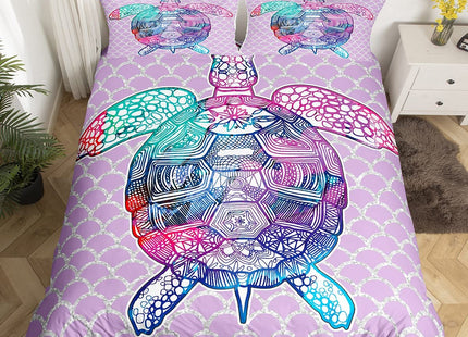 Erosebridal Sea Turtle Duvet Cover King Retro Turtles Bedding Sets Abstract Tortoise Comforter Cover Luxury Microfiber Purple Bed Cover Sealife Theme Quilt Cover for Kids 3 Piece with 2 Pillowcases