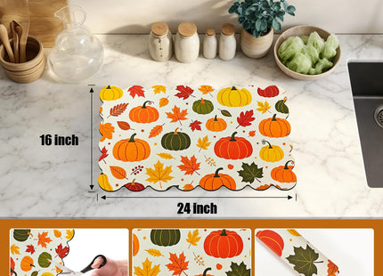 CQKEDMA Scalloped Dish Drying Mats for Kitchen Counter, Fall Pumpkins Maple Leaf, Cute Coffee Bar Mat for Countertop, Diatomite Absorbent, Kitchen Aesthetic Decor (16"x24", Fall Pumpkins Maple Leaf)
