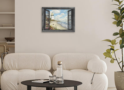 Lighthouse Nautical Wall Art Coastal Beach Pictures Canvas Prints Ocean Decorations Painting Framed Window Seascape Artwork Gifts Office Home Decor for Bathroom Dining Living Room 16"x12"