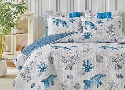Coastal Quilt Sets King Size - Reversible Microfiber Dolphin Turtle Ocean Style Quilts with 2 Shams Soft Lightweight Beach Bedding Nautical Bedspread Coverlet Summer Comforter for All Season