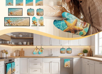 Nesphy 10 Pcs Starfish Beach Kitchen Decor and Accessories Set, 4 Kitchen Dish Towels 2 Rugs 2 Oven Mitts 2 Pot Holders, Home Decor for Cooking Baking BBQ Gifts Women Mom Housewarming
