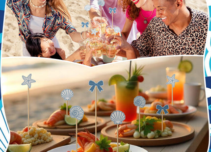 Bokon 200 Pcs Seashell Cocktail Picks Blue Bow Beach Coastal Party Favors