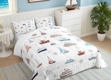 Nautical Sailboat Comforter Set Full Size,Sea Transportation Ships Bedding Set 3Pcs,Boat Anchor Rudder Print Quilt Set,Kids Boys Girls Teens Room Decor,Blue Red White Duvet Insert,2 Pillowcases