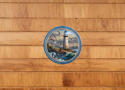 AWISZZZ Seagull Lighthouse Metal Sign 8x8in Round Coastal Plaque for Beach House Wall Decor Ocean Theme Gift