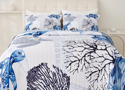 EVENHUG Coastal Quilt Set King Size Reversible Summer Ocean Beach Themed Bedding with Pillow Shams Lightweight Blue Nautical Coral Seahorse Bedspread Coverlet for All Season 3 Piece (106''x96'')