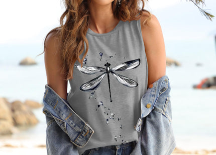 Dragonfly Printed Tank Tops Womens Crew Neck Sleeveless Summer Cute Tops Loose Fit Casual Shirts (Dragonfly Grey, XX-Large)
