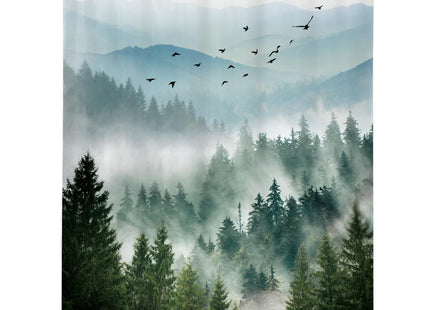 Green Rustic Mountain Scenery Pine Tree Bathroom Shower Curtain Set