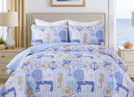 Xruibed Coastal Quilt Set Queen Size, Blue Nautical Beach Quilt Set, Reversible Lightweight Patchwork Bedspread with 2 Pillowshams Soft Microfiber Bedding Set for All Season 90"x96"