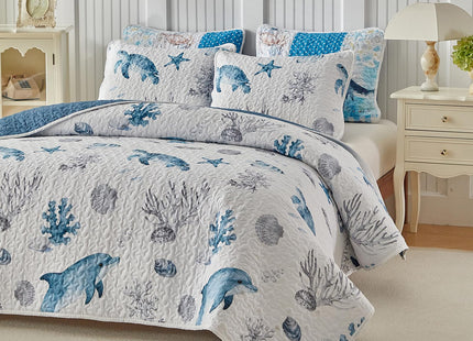 Coastal Quilt Sets King Size - Reversible Microfiber Dolphin Turtle Ocean Style Quilts with 2 Shams Soft Lightweight Beach Bedding Nautical Bedspread Coverlet Summer Comforter for All Season