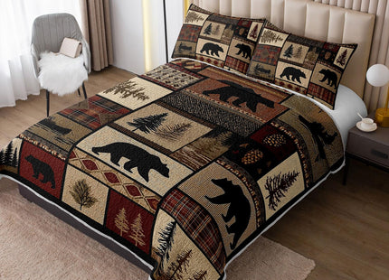 XYNHML Rustic Black Bear Quilt Bedding Queen 3Pcs Natural Forest Wild Hunt Animal Bear Canoe Bed Set Retro Tree Grid Pattern Bedspread Coverlet with 2 Pillowcases for Kid Boy Girl Teen Adult Bed Decor