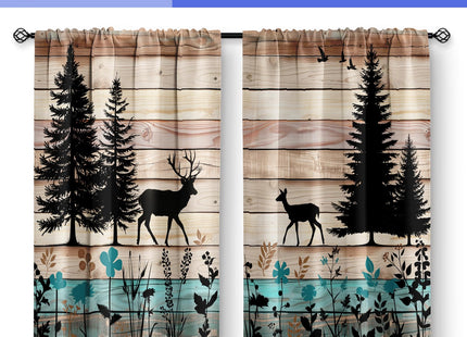 Aimego Forest Deer Kitchen Curtains - Wood Retro Teal Cafe Country Rustic Small Short Tier Window Curtains for Bathroom Living Room Decor Rod Pocket Window Drapes 36 Inch Length Set 28"x36"