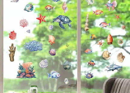 CRASPIRE 8 Sheets Sea Shell Starfish Window Decals Turtle Coral Stickers Wall Clings Peel and Stick PVC Waterproof Self Adhesive Decor for Fridge Bedroom Living Room Kitchen Store Showcase Dorm