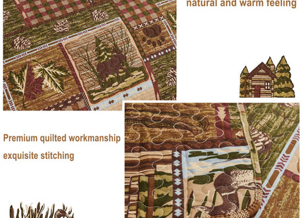 Lodge Bedspread Twin Size, Rustic Cabin Quilt Sets Moose Bear Bedspread Coverlet Patchwork Plaid Bedcover Reversible Wildlife Printed Quilted Bed Set Brown Bed Cover Farmhouse Country Decor (68"x 86")