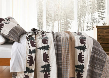 Finlonte Quilt King Size, 100% Cotton Christmas King Size Quilt, Lodge Cabin Farmhouse King Quilt, Brown Green Lightweight Soft Quilt Bedspread Sets for All Season, 3 Pieces