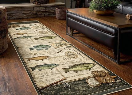 Fishing Hallway Runner Rug 2x6 Rustic Cabin Long Runners for Bedroom Kitchen Hall Laundry, Washable Low Pile Non-Slip Rubber Backing, Vintage Style Carpet Black