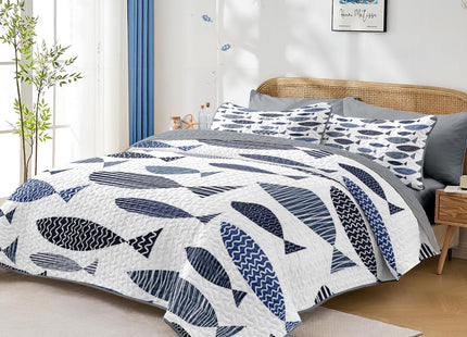Pamnest Queen Quilt Set, 3 Pieces Coastal Fish Bedding, Bedspread