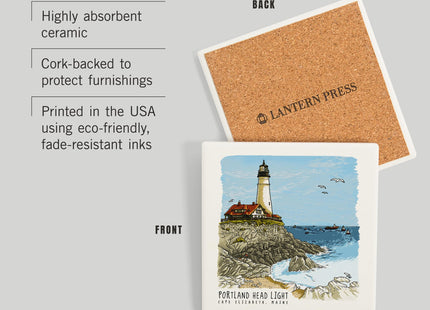 Lantern Press Portland Head Lighthouse, Maine, Line Drawing (Absorbent Ceramic Coaster, Single, Cork Back, Kitchen Table Decor)
