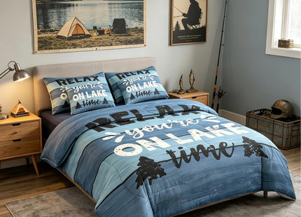 Feelyou Kids Lake House Comforter Set with Sheets, Pillowcases & Cushion Cover - Twin Size Fishing Camping House 7 Piece Farmhouse Bedding Set