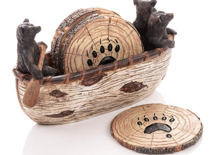 Cabin Obsession Bear Coasters - Set of 6 Full Size Rustic Coasters in Handmade Canoe with Adorable Black Bear Figurines - Log Cabin Decorations, Rustic Lodge Decor for The Home
