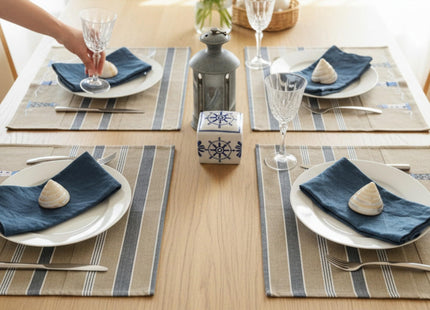 Nautical Placemats – Set of 4 –– Cotton Decorative Embroidered Design - Natural, Navy Blue and White (Lighthouse)