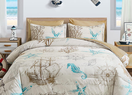 Comforter Set King Size Coastal, Beach Themed Comforters,7 Pieces Ocean Starfish Bed in a Bag Nautical Bedding with Sheets for Spring Summer