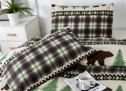 Lodge Quilts Set King Size, 3Pcs Rustic Cabin Brown Bear Bedding Green Pine Tree Bedspread Coverlet Lightweight Soft Reversible Plaid Stripe Bed Cover Set Country Decor for All Season(96"x 108")
