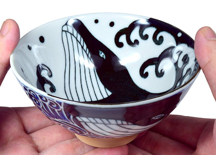 Mino Ware Japanese Rice Bowl, Rice Ramen Noodle Soup Sarada Pasta, Wave Whale Chawn, 4.6 inch 10oz