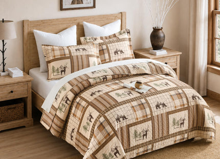 100% Cotton Rustic Cabin Bear Moose Quilt Set, Neutral Brown, Queen 90"x98"