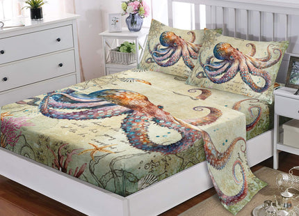 XYNHML Retro Octopus Fitted Sheet Set Queen 4Pcs Nautical Coastal Compass Quilt Bed Sheet Starfish Jellyfish Seaweed Bedding Set for Boy Teen Adult Includes 1 Fitted Sheet,1 Flat Sheet,2 Pillowcases