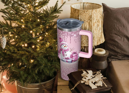 ZNYYZYBA 40 oz Christmas Tumbler with Handle and Straw, Stainless Steel Insulated Snowman Tumbler 40 oz, Reusable Pink Snowman Cup with Leak Proof Lid, Christmas Gifts for Women