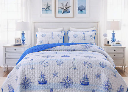 Coastal Nautical Quilt Set, King Size Beach Coverlet Blue Watchtower Sailboat Compass Bedspread, Ocean Beach Themed Bed Cover Microfiber Soft Lightweight bedding sets for All Seasons (106"×92")