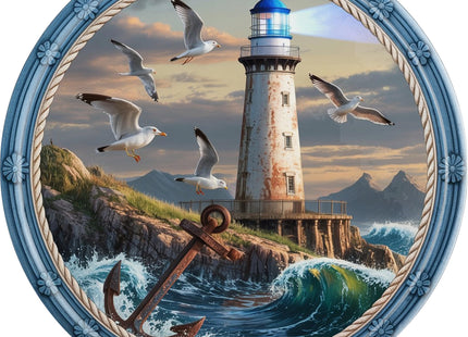 AWISZZZ Seagull Lighthouse Metal Sign 8x8in Round Coastal Plaque for Beach House Wall Decor Ocean Theme Gift