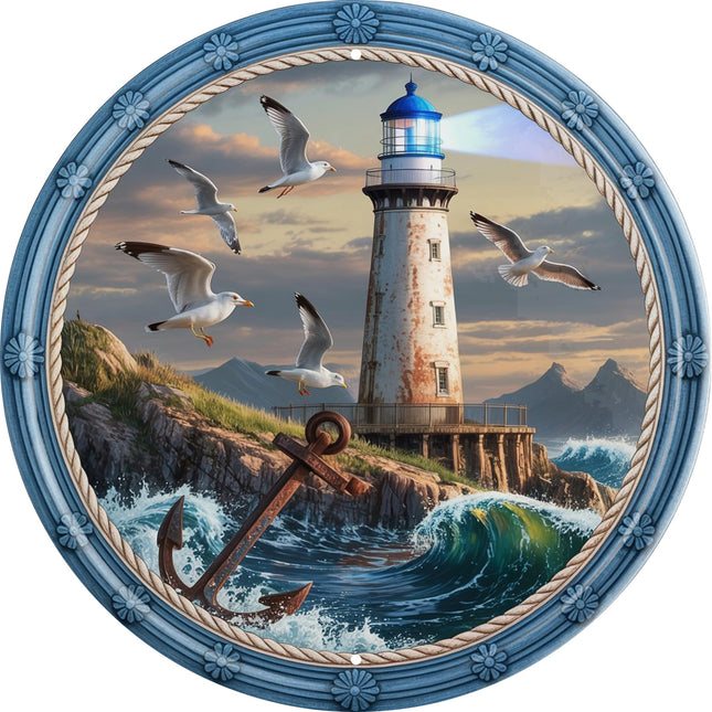 AWISZZZ Seagull Lighthouse Metal Sign 8x8in Round Coastal Plaque for Beach House Wall Decor Ocean Theme Gift