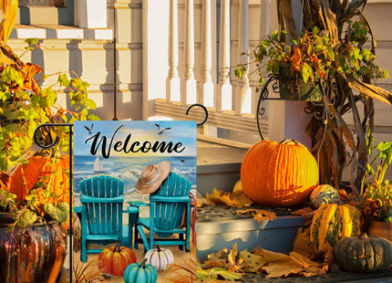Hzppyz Welcome Fall Sea Pumpkin Garden Flag Double Sided, Autumn Beach Ocean Chairs Coastal Decorative Yard Outdoor Home Small Decor, Seagull Sailboat Nautical Outside House Decoration 12 x 18