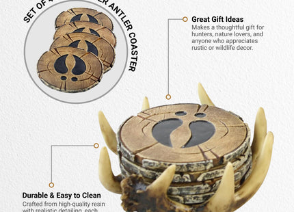 Pine Ridge Deer Antler Drink Coaster Set of 4 Old West Decor - Home Table Beverage Coaster with Holder - Drink Glass Holder with Outdoors Rustic Cabin Theme